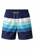 Blue Striped Elastic Waist Swim Trunks